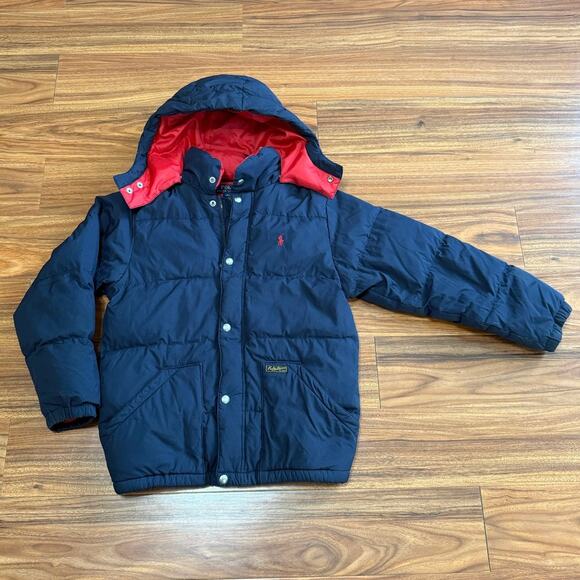 Polo Ralph Lauren Navy Blue/Red Kids Puffer Hooded Jacket - SZ M 10/12 - Picture 2 of 9